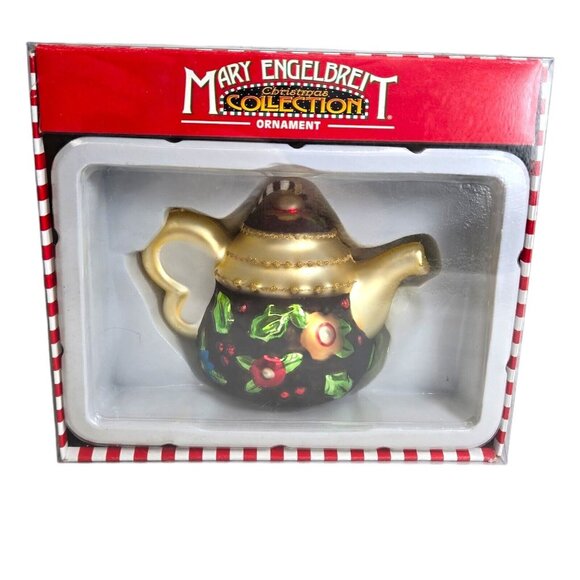 Mary Engelbreit Kurt S Adler Ornament Black Flower Teapot Glass Christmas W Box - Picture 1 of 6